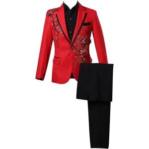 Red Floral Suit Set Slim Fit Blazer & Pants,‎ Party Prom Occasion Costume XL NEW